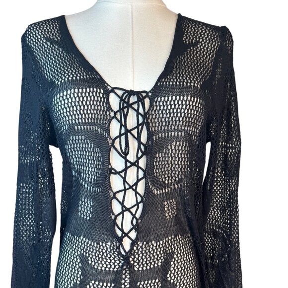 2/$50 Boho OS Gypsy Beach Black Goddess Maxi Crochet V-Neck Beach Swim Cover-up - Picture 4 of 12
